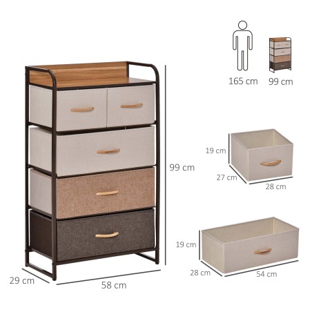 5 kokkupandava riidest sahtli ja riiuliga kummut, 58 × 29 × 99 cm