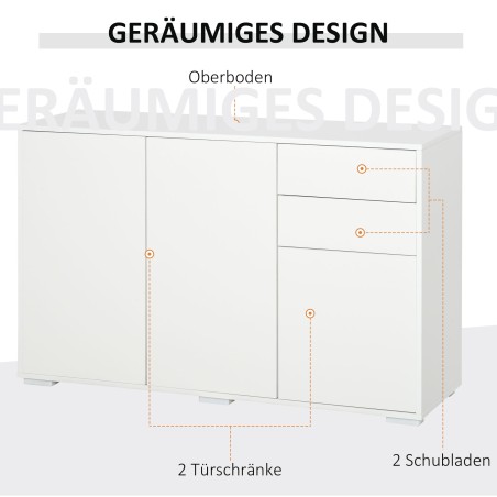 Valge puhvetkapp 2 sahtli ja Push-to-Open mehhanismiga, 117 × 36 × 74 cm