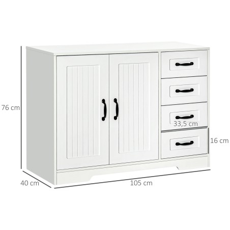 Moodne puhvetkapp 4 sahtli ja kapiga, 105 × 40 × 76 cm, valge