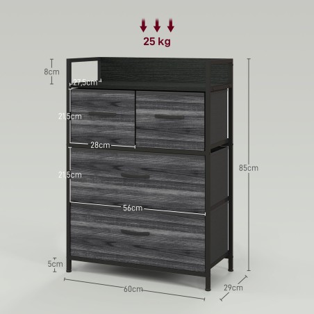 Tööstusstiilis kummut 4 riidest sahtliga, 60 × 29 × 85 cm, must