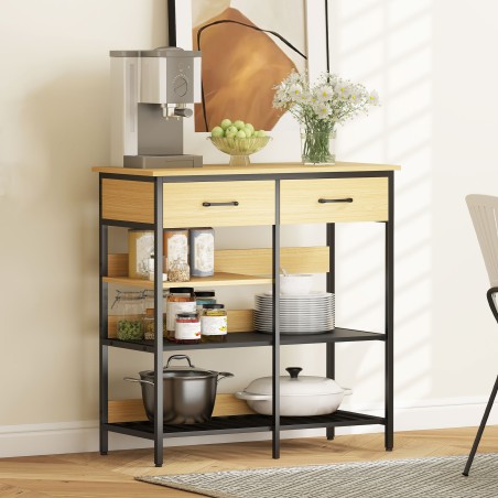 Puhvetkapp 2 sahtli ja 3 avatud riiuliga, 90 × 40 × 91 cm, naturaalne puit