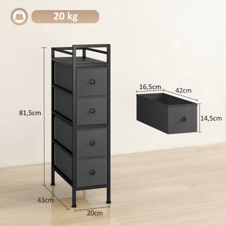 4 riidest sahtliga hoiukapp, terasraam, 20 × 43 × 81,5 cm, must