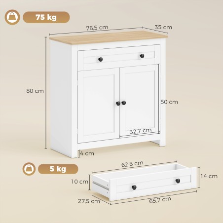 Köögikapp sahtli, kahe ukse ja reguleeritava riiuliga, 78,5 × 35 × 80 cm, valge