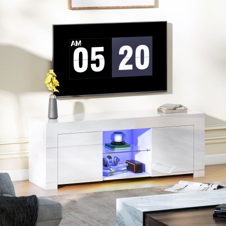 TV-kapp LED-valgustuse, 2 kapiukse, klaasriiuli ja kaabliavadega, valge