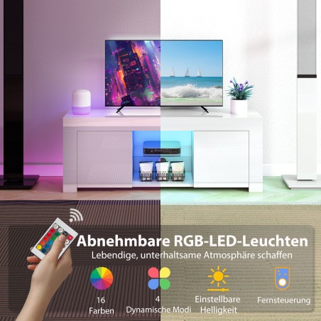 TV-kapp LED-valgustuse, 2 kapiukse, klaasriiuli ja kaabliavadega, valge