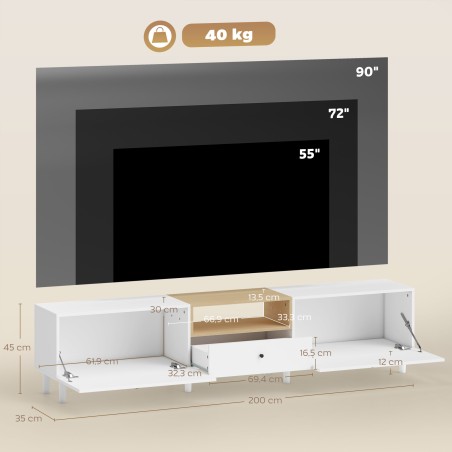 200 cm telerikummut kuni 90-tollisele telerile, 2 klapiga sektsiooni ja sahtliga, valge