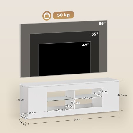 Telerialus 140 cm, 6 sektsiooni ja 2 klaasriiuliga, valge