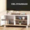Ratastel TV-alus pidurite, kapi ja reguleeritava riiuliga, valge ja tamm