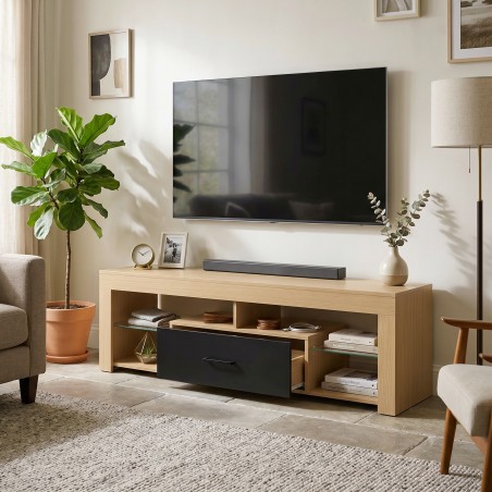 TV-alus kuni 65-tollisele telerile reguleeritavate klaasriiulitega, tamm