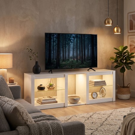 RGB-LED-valgustusega TV-madalal treenitavate klaasriiulitega, valge