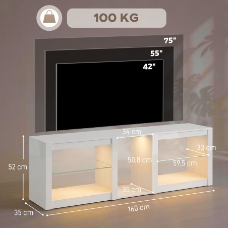 RGB-LED-valgustusega TV-madalal treenitavate klaasriiulitega, valge