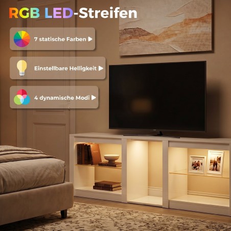 RGB-LED-valgustusega TV-madalal treenitavate klaasriiulitega, valge