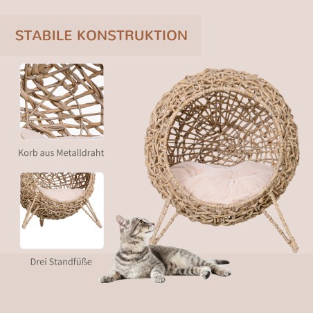 Rotangist kassimaja padjaga, tõstetud jalgadega, naturaalne, Ø52 × 58 cm