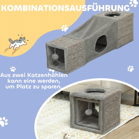 Kassitunnel 2 koopa, kraapimispindade ja pallimänguasjadega, 98 × 30 × 30 cm, pruun-hall