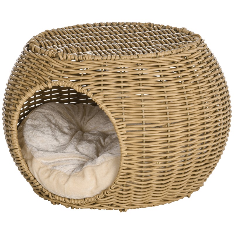 Kahekorruseline rotangiefektiga kassimaja pehme padjaga, helepruun, Ø 40 × 30 cm