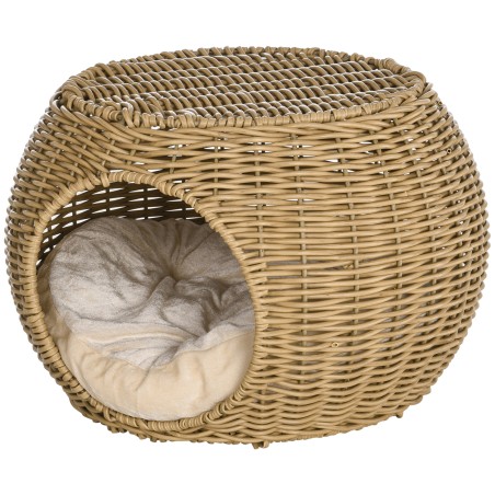 Kahekorruseline rotangiefektiga kassimaja pehme padjaga, helepruun, Ø 40 × 30 cm