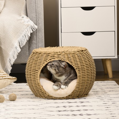 Kahekorruseline rotangiefektiga kassimaja pehme padjaga, helepruun, Ø 40 × 30 cm