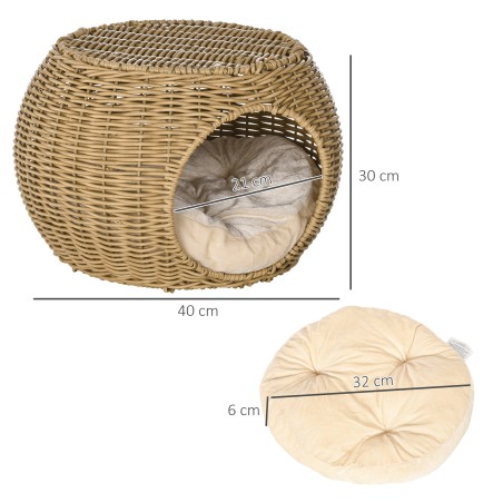Kahekorruseline rotangiefektiga kassimaja pehme padjaga, helepruun, Ø 40 × 30 cm