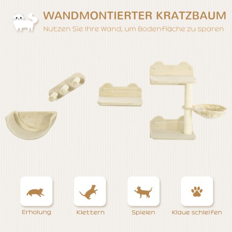 4-osaline kasside ronimisseinakomplekt trepi, võrkkiige, platvormi ja kraapimispuuga, beež