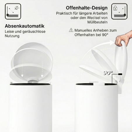 20-liitrine pedaaliga prügikast sisemise anuma ja vaikse sulgumisega, kreemvalge