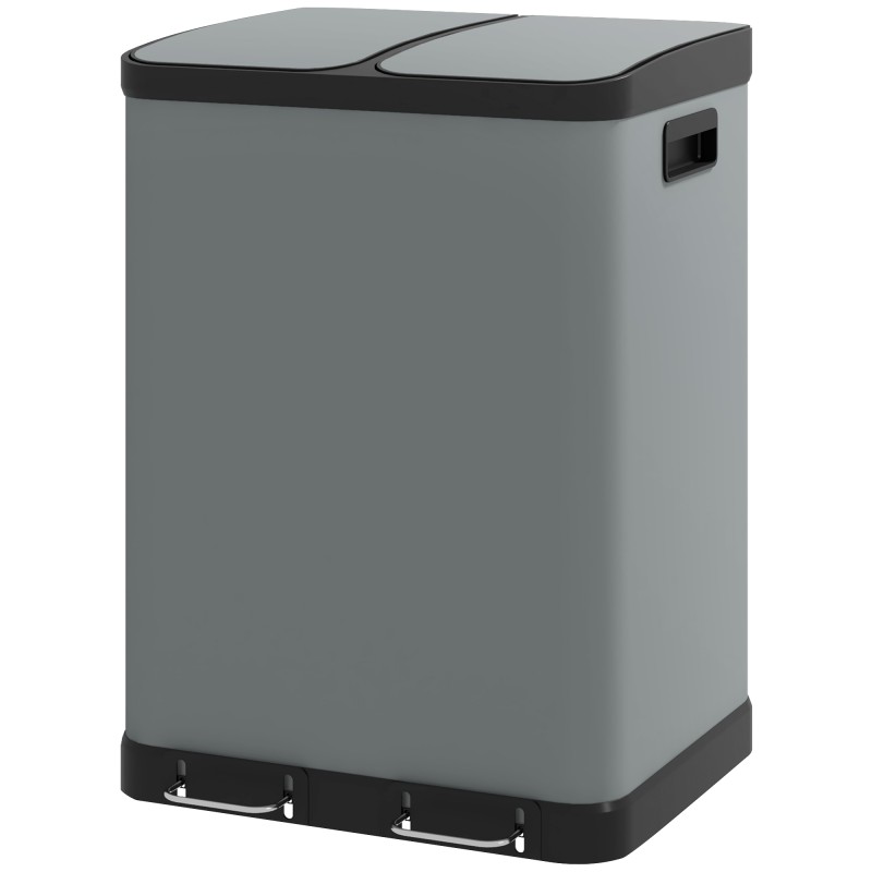 Kaheosaline prügikast, 2 × 30 l, sõrmejäljekindel, pedaaliga, hall