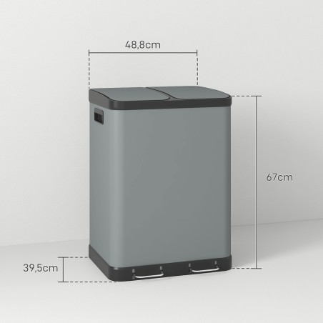 Kaheosaline prügikast, 2 × 30 l, sõrmejäljekindel, pedaaliga, hall