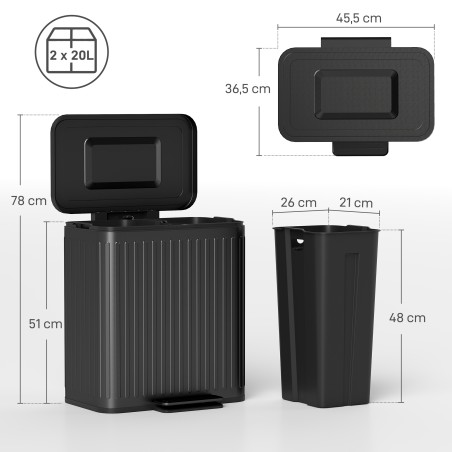 Köögi prügikast jäätmete sorteerimiseks, 2 × 20 l, pedaaliga, must