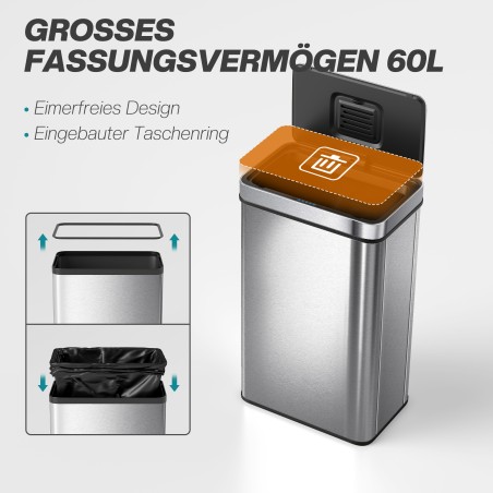 60 l sensorprügikast automaatse kaane ja roostevabast terasega