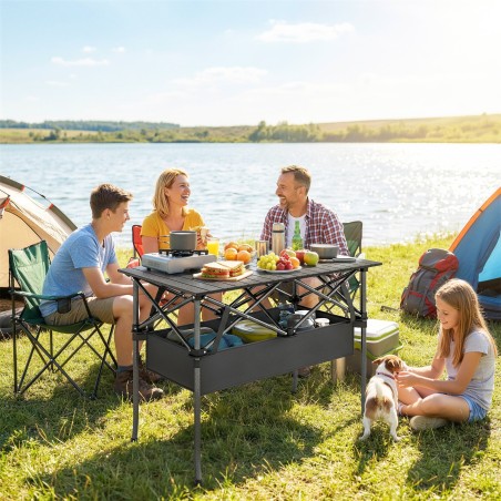 Kokkupandav kaasaskantav piknikulaud võrkriiuli ja kandekotiga, must