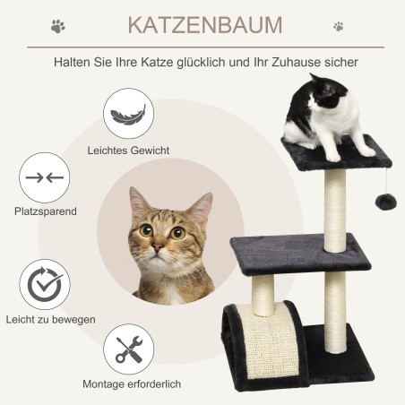 Mitmetasandiline kassipuu sisalpostide ja platvormiga, 72 cm, hall