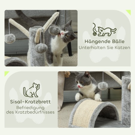 Väike kasside kraapimis- ja ronimispuu koopa ning 2 mängupalliga, helehall