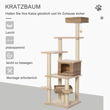 Mitmetasandiline rattanist kassipuu kassikoopa ja sisaliga, beež-pruun