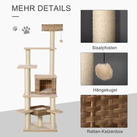 Mitmetasandiline rattanist kassipuu kassikoopa ja sisaliga, beež-pruun