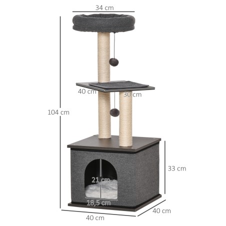 Kassi kraapimis- ja ronimispuu mängunööri ning palliga, tumehall, 104 cm