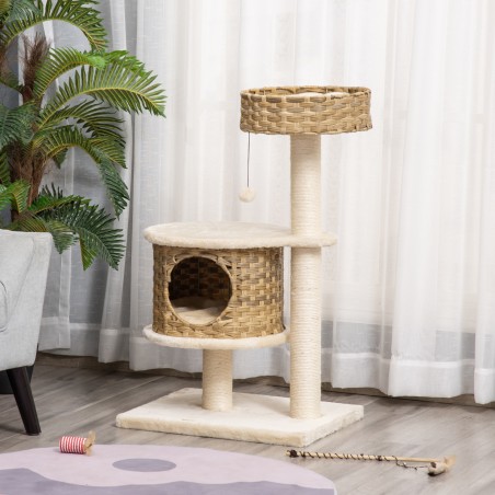 Rotangist kassipuu 95 cm sisalpostide, kassikoopa ja mängupallidega