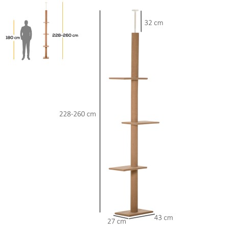 Laest pingutatav 3-tasandiline kassipuu, reguleeritav kõrgus 228–260 cm, helepruun