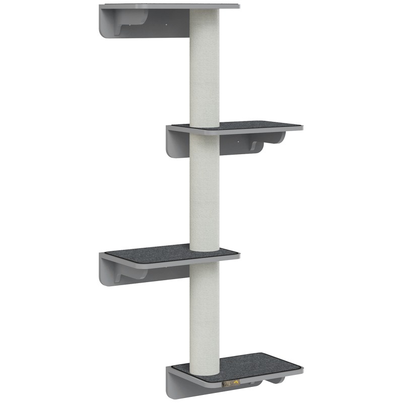 Seinale kinnitatav kassipuu, 137 cm, 4 platvormi ja 3 kraapimispostiga