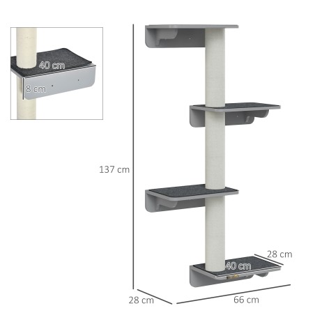 Seinale kinnitatav kassipuu, 137 cm, 4 platvormi ja 3 kraapimispostiga
