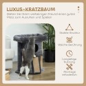Kassipuu džuudist kraapimismati, platvormi, mängupalli ja majaga, beež