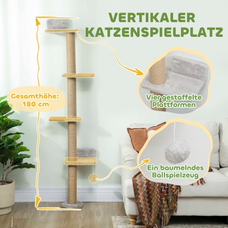 Kassi kraapimispuu 5 tasandi, mänguasja ja sisalpostidega, helehall