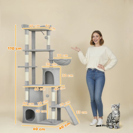 Kassi kraapimispuu, 170 cm, tunnelid ja koopad, helehall