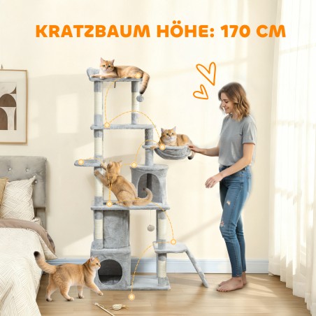 Kassi kraapimispuu, 170 cm, tunnelid ja koopad, helehall