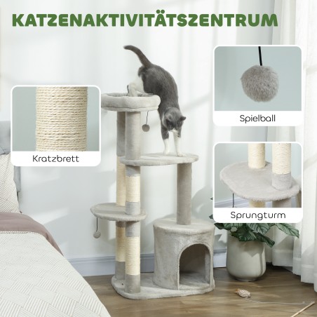 114 cm kõrgune helehall kassipuu koopa ja platvormidega kuni 6 kg kassidele