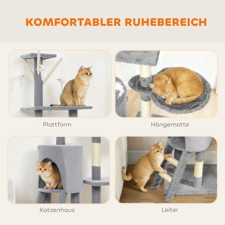 Kassi kraapimispuu koopa, mänguasjade ja platvormiga, hall