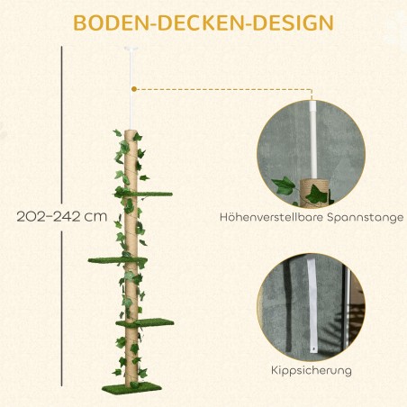 Reguleeritava kõrgusega kasside kraapimispuu 202–242 cm, roheline/kollane