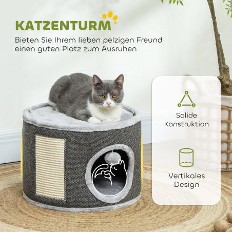 Kahetasandiline plüüsist kassimaja padja ja sisalist kraapimislauaga, tumehall