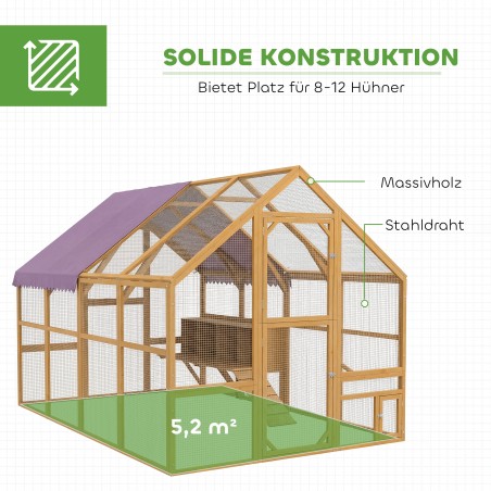 Puidust kanakuut jooksuaediku, turvaluku ja 4 pesakastiga, kollane