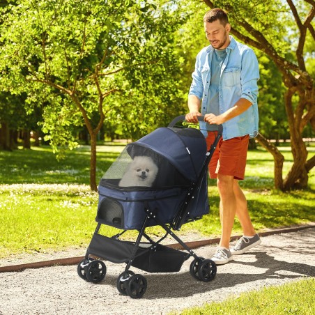 Kokkupandav koerakäru kuni 10 kg, reguleeritava varikatuse ja piduritega, sinine