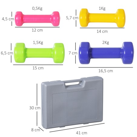 Hantlikomplekt 4 paari hantlite ja kohvriga, 0,5–2 kg, mitmevärviline