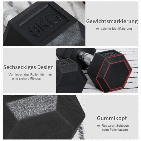 Kuusnurkne kummist kattega malmist hantlipaar, 2 × 8 kg, must
